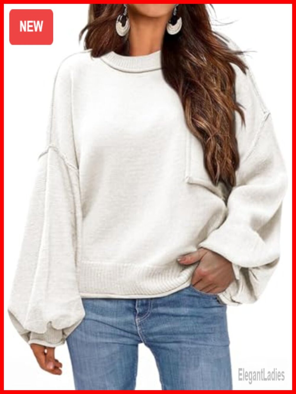 Ribbed Knit Pullover Sweater with Lantern Sleeves and Bust Pocket
